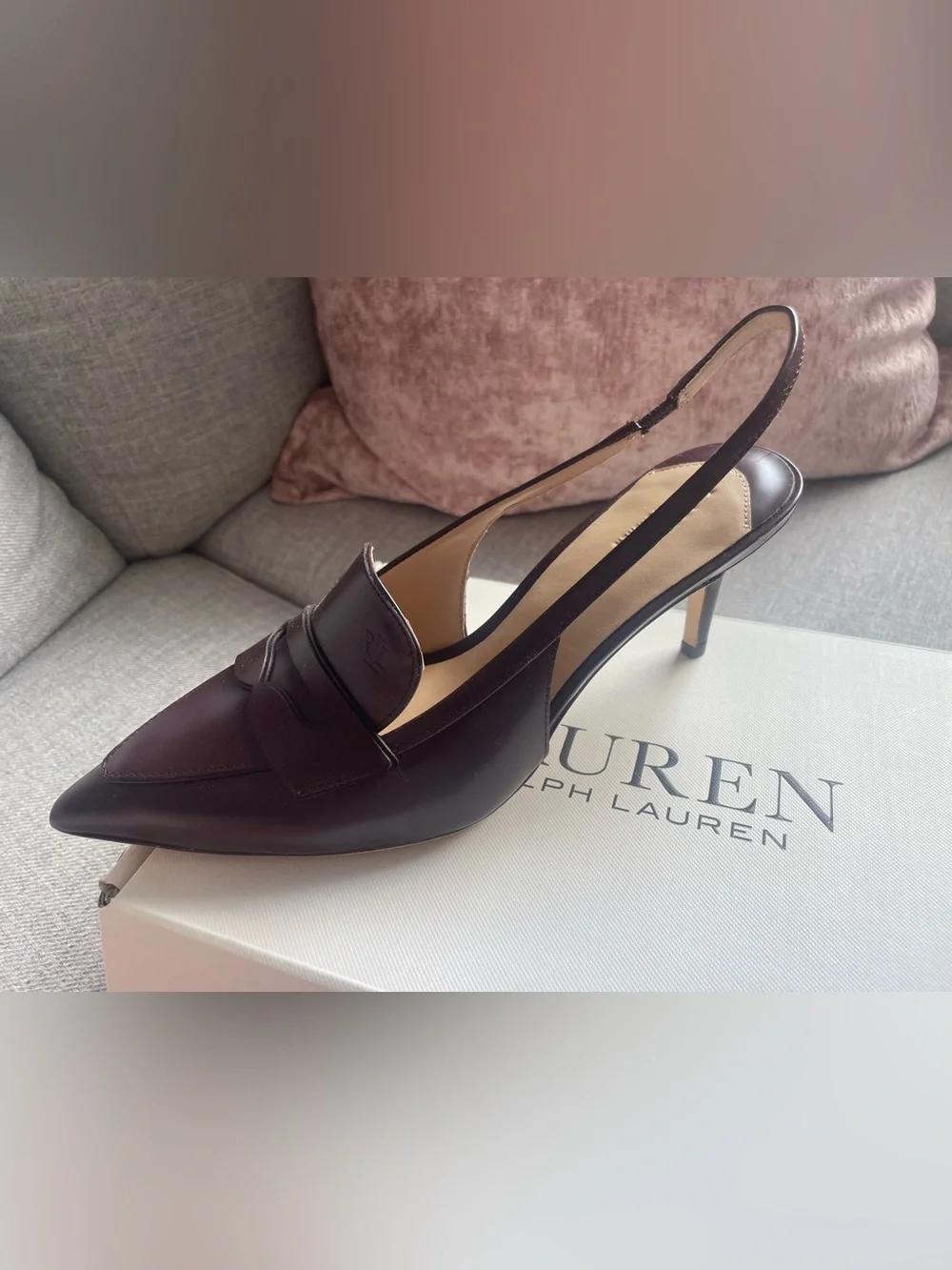 Lauren Ralph Lauren Dark Burgundy Slingback Pointed-Toe Penny Loafer Heel